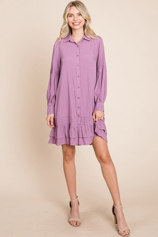 Collared Ruffled Hem Pintucked Shirt Dress