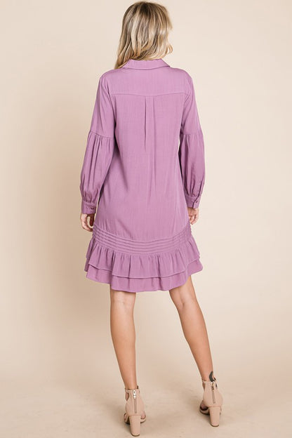 Collared Ruffled Hem Pintucked Shirt Dress