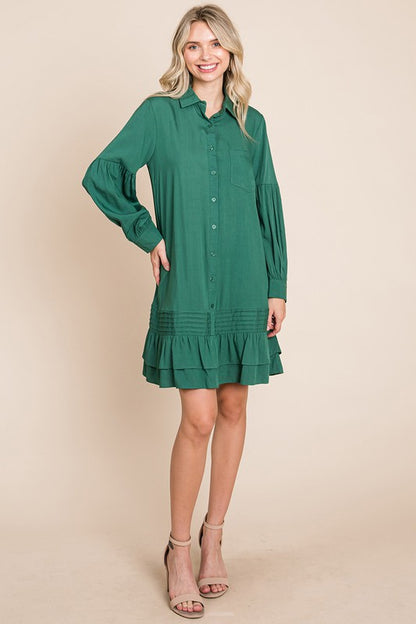 Collared Ruffled Hem Pintucked Shirt Dress