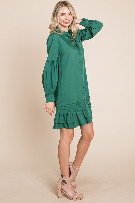 Collared Ruffled Hem Pintucked Shirt Dress