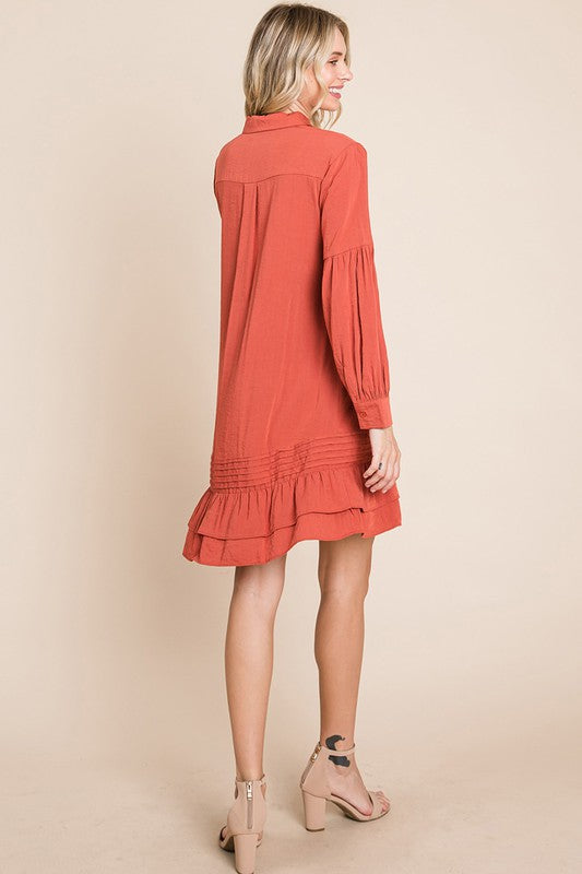 Collared Ruffled Hem Pintucked Shirt Dress