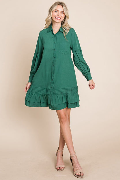 Collared Ruffled Hem Pintucked Shirt Dress