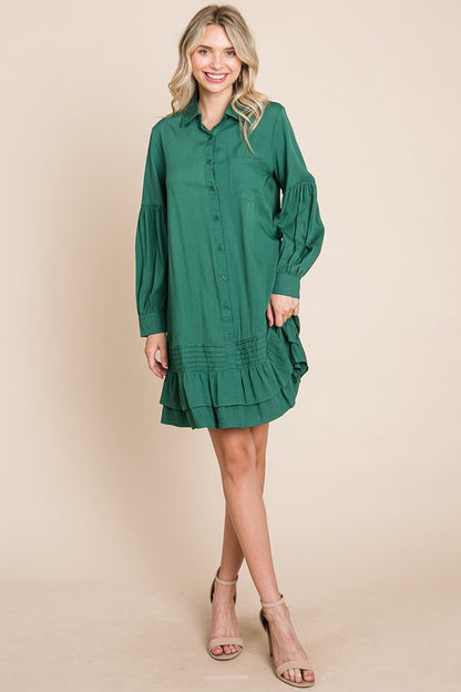 Collared Ruffled Hem Pintucked Shirt Dress