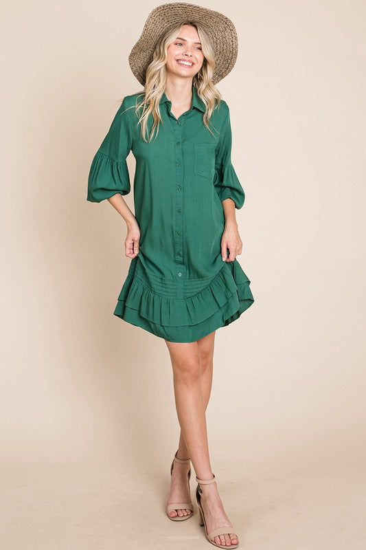 Collared Ruffled Hem Pintucked Shirt Dress