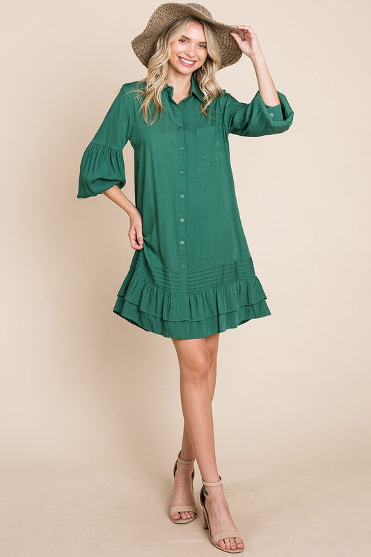 Collared Ruffled Hem Pintucked Shirt Dress