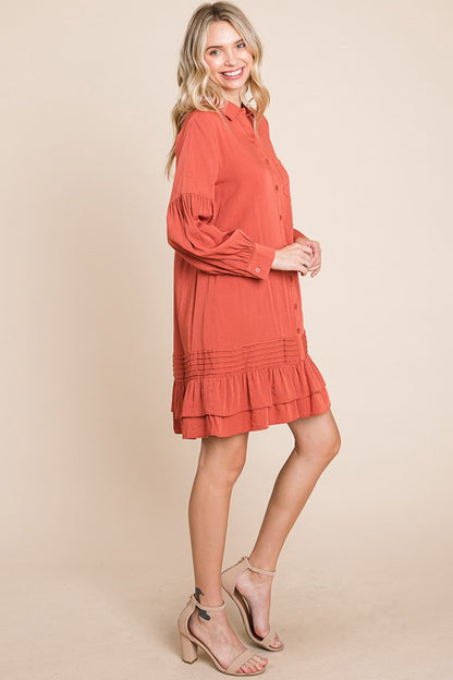 Collared Ruffled Hem Pintucked Shirt Dress