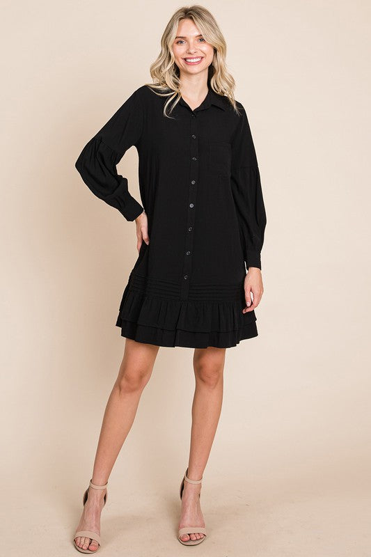 Collared Ruffled Hem Pintucked Shirt Dress