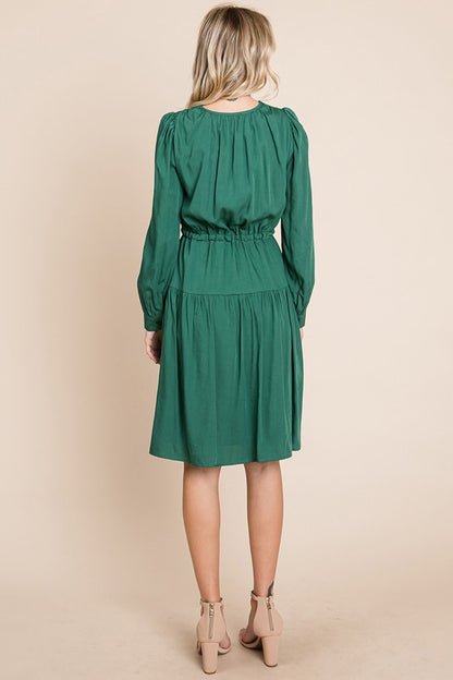 Long Sleeve Tiered Waist String Ruched Dress