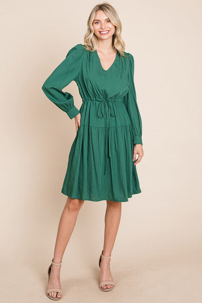 Long Sleeve Tiered Waist String Ruched Dress