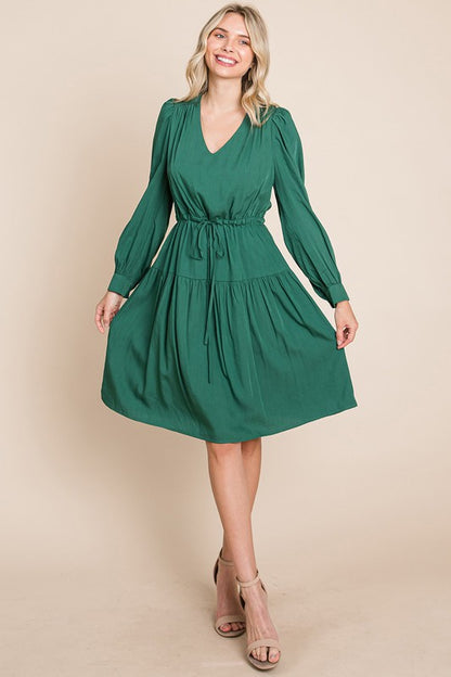 Long Sleeve Tiered Waist String Ruched Dress