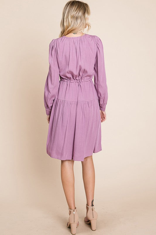 Long Sleeve Tiered Waist String Ruched Dress