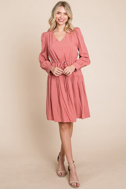 Long Sleeve Tiered Waist String Ruched Dress