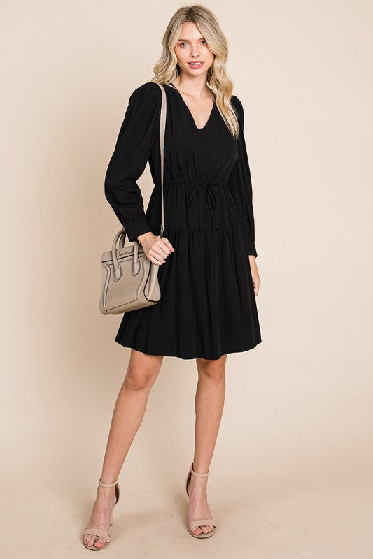 Long Sleeve Tiered Waist String Ruched Dress