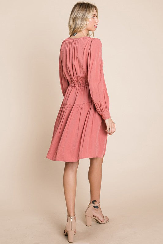 Long Sleeve Tiered Waist String Ruched Dress