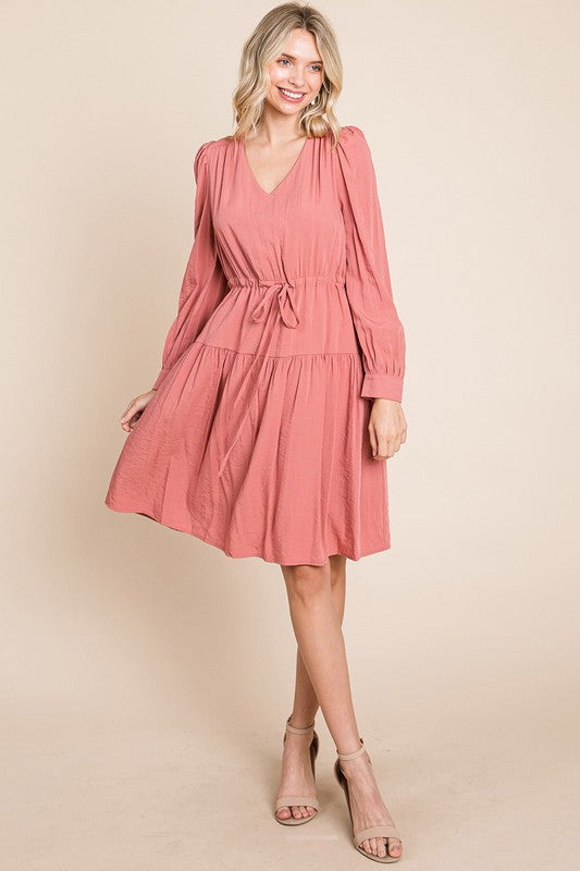 Long Sleeve Tiered Waist String Ruched Dress