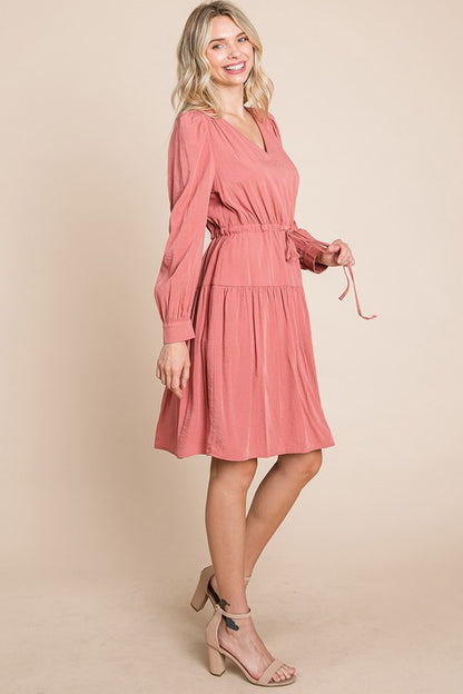 Long Sleeve Tiered Waist String Ruched Dress