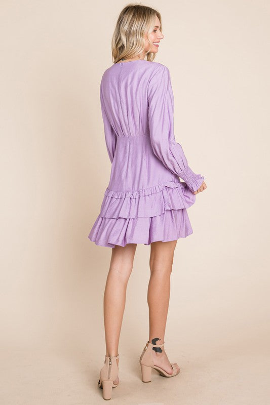 Tiered Hem Button Down Smocked Sleeve Dress