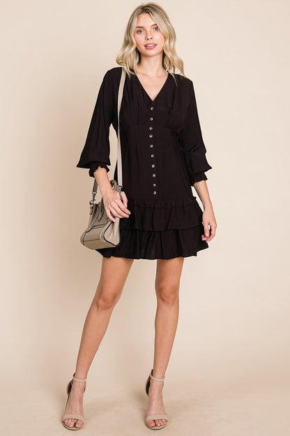 Tiered Hem Button Down Smocked Sleeve Dress