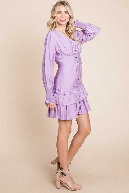 Tiered Hem Button Down Smocked Sleeve Dress