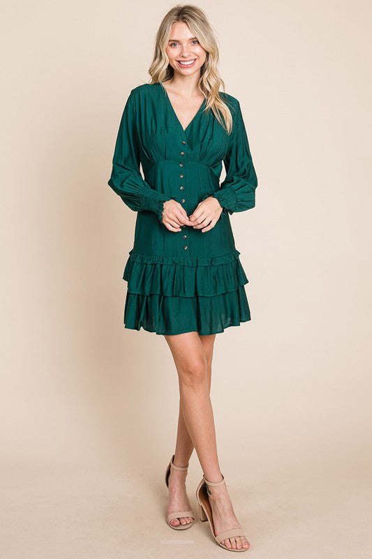 Tiered Hem Button Down Smocked Sleeve Dress