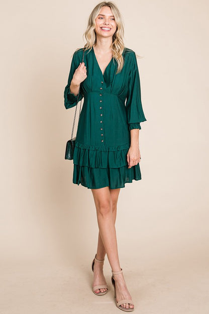 Tiered Hem Button Down Smocked Sleeve Dress