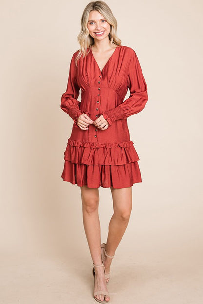 Tiered Hem Button Down Smocked Sleeve Dress