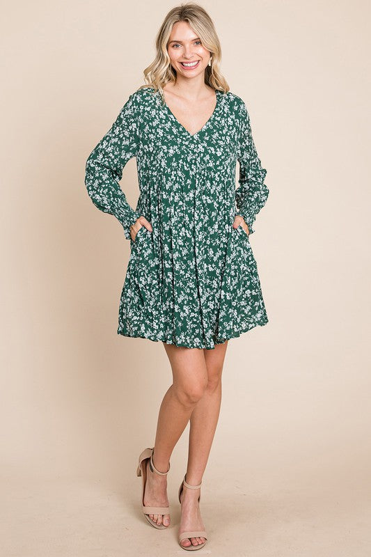 V neck Floral Printed Long Sleeve Pleated Dress