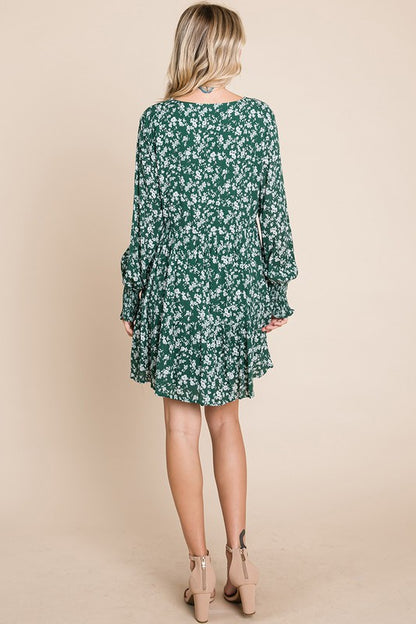 V neck Floral Printed Long Sleeve Pleated Dress