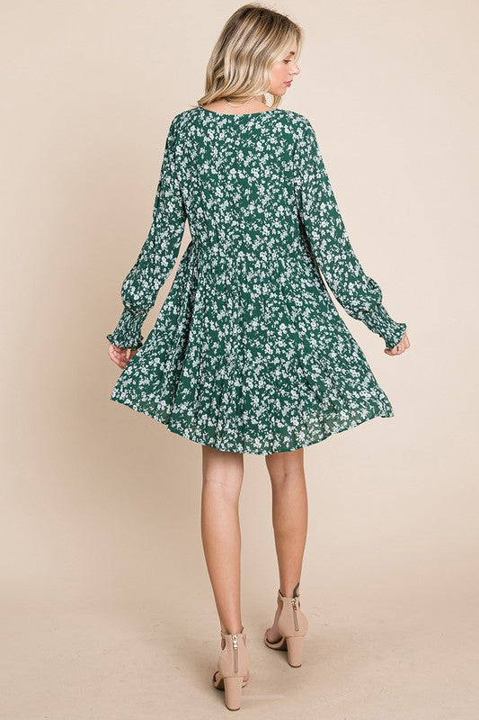 V neck Floral Printed Long Sleeve Pleated Dress