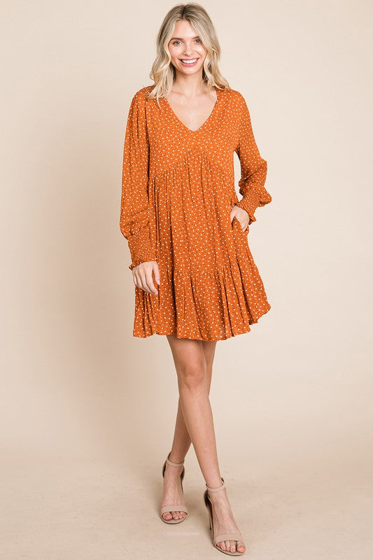 V neck Floral Printed Long Sleeve Pleated Dress