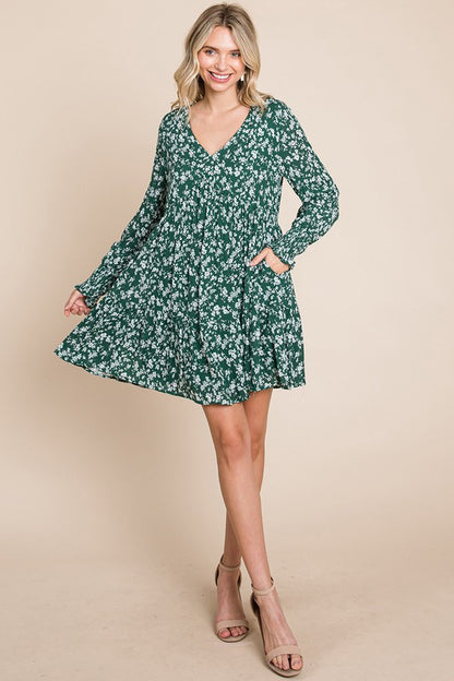 V neck Floral Printed Long Sleeve Pleated Dress