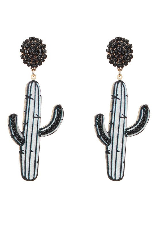 Wood Cactus Desert Dangle Earrings