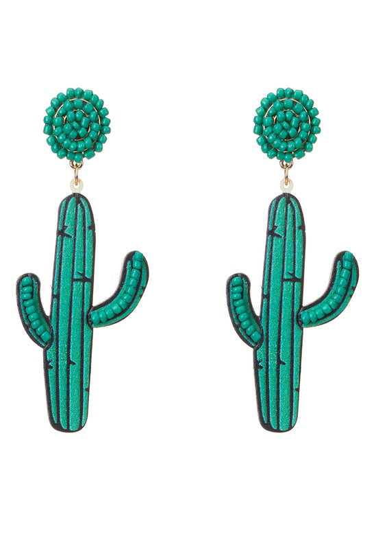 Wood Cactus Desert Dangle Earrings