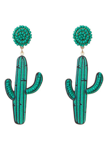 Wood Cactus Desert Dangle Earrings