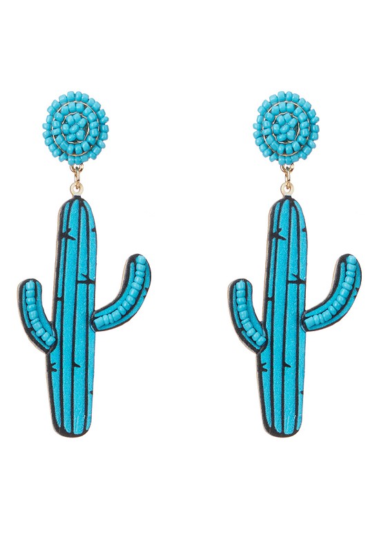 Wood Cactus Desert Dangle Earrings