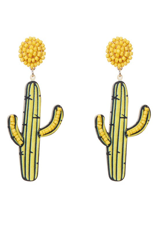 Wood Cactus Desert Dangle Earrings