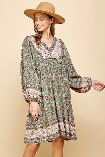 BORDER PRINT LONG SLEEVE MIDI DRESS