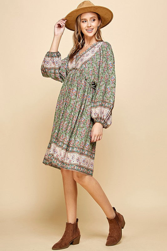 BORDER PRINT LONG SLEEVE MIDI DRESS