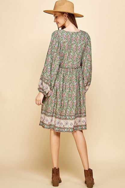 BORDER PRINT LONG SLEEVE MIDI DRESS