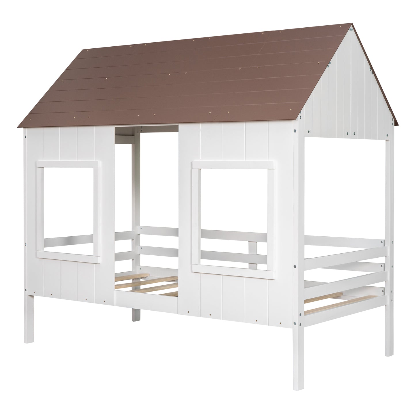 Twin Size Low Loft Wood House Bed with Two Front Windows, (White+Brown Roof)(OLD SKU:LP000039AAH)