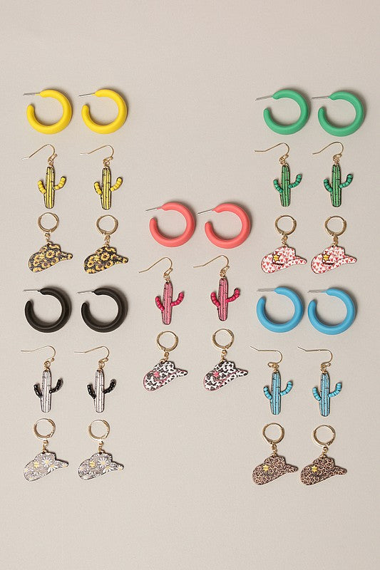 3 Sets of Cactus & Cowgirl Earrings