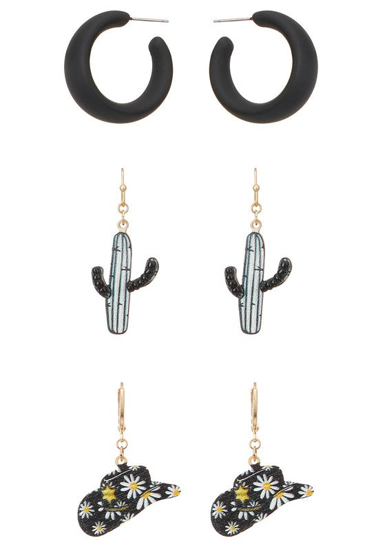 3 Sets of Cactus & Cowgirl Earrings