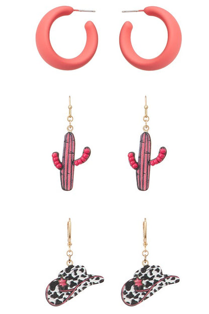 3 Sets of Cactus & Cowgirl Earrings