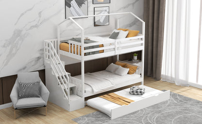 Multifunctional Twin over Twin House Bunk Bed with Staircase and Storage Space,White