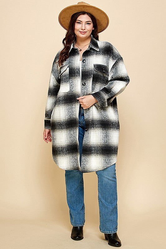 PLAID PRINT MOHAIR WOOL LONG SHACKET WITH POCKET