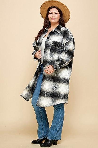 PLAID PRINT MOHAIR WOOL LONG SHACKET WITH POCKET