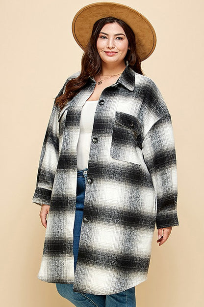 PLAID PRINT MOHAIR WOOL LONG SHACKET WITH POCKET