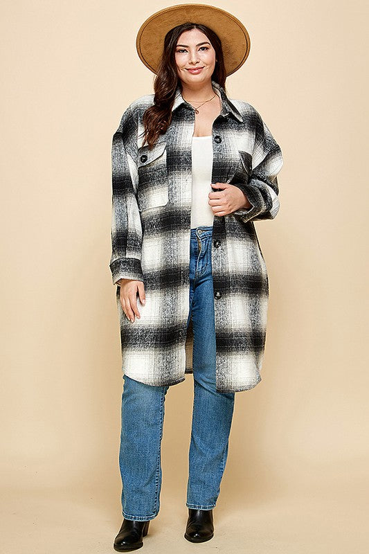 PLAID PRINT MOHAIR WOOL LONG SHACKET WITH POCKET