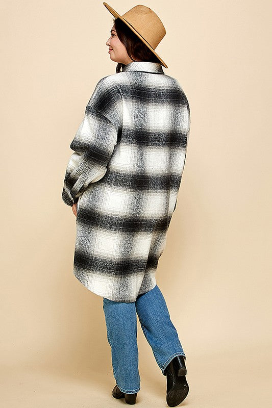 PLAID PRINT MOHAIR WOOL LONG SHACKET WITH POCKET