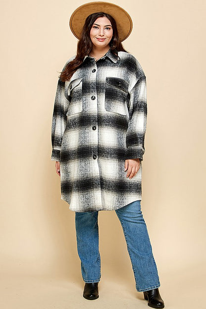 PLAID PRINT MOHAIR WOOL LONG SHACKET WITH POCKET